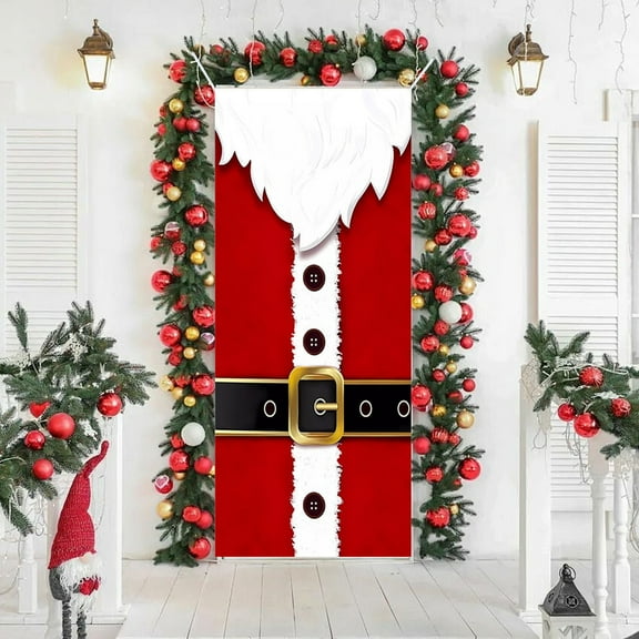 KOYPTL Christmas Door Cover 35x79 Inch Santa Snowman Christmas Door Decoration Large Fabric Xmas Winter Cover for Front Door Banner Backdrop for New Year Winter Holiday Party Xmas Home Outdoor Decor