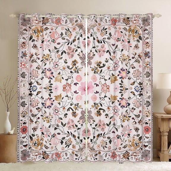 Feelyou Pink Flower Women Black Out Curtains, Vintage Boho Floral Curtains Pack of 2 (42x63 Each), Mandala Cherry Blossoms Bedroom Curtains, Black Out Curtains Decor