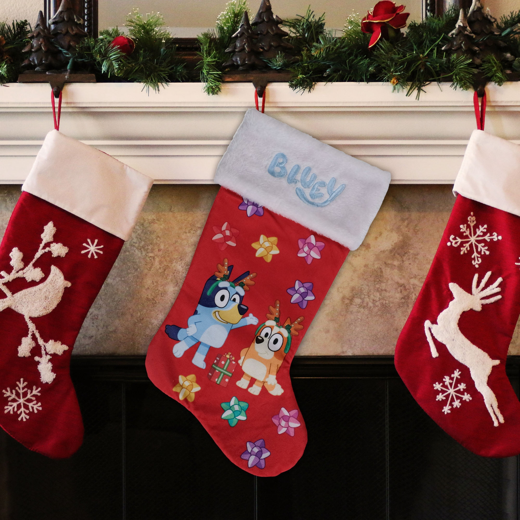 Bluey Velvet Christmas Stocking with Reindeer Antlers for Kids, 20 inch