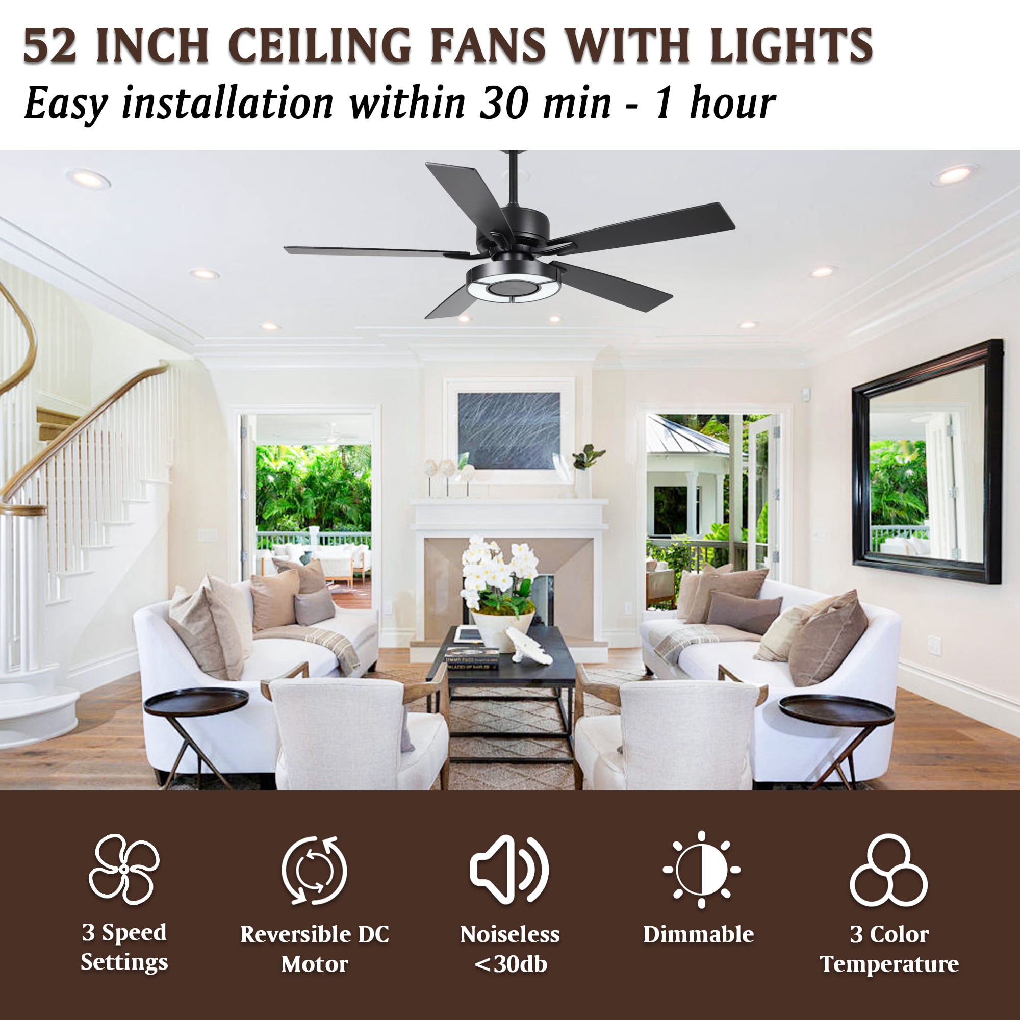 Parrot Uncle 52" Modern Dimmable LED Chandelier Ceiling Fan with Remote, Double-sided Blades, 3CCT, 6 Speeds, Reversible DC Motor