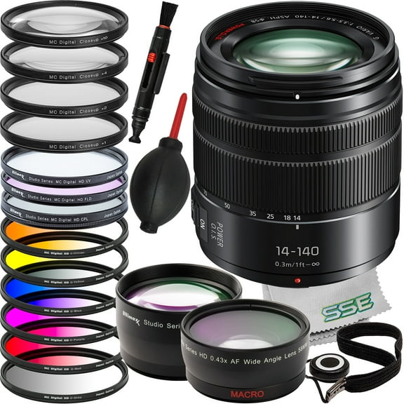 Ultimaxx Advanced Accessory Bundle   Panasonic Lumix G Vario 14-140mm f/3.5-5.6 II ASPH. POWER O.I.S. Lens   0.43x Wide-Angle Lens Attachment & Much More (24pc Bundle)