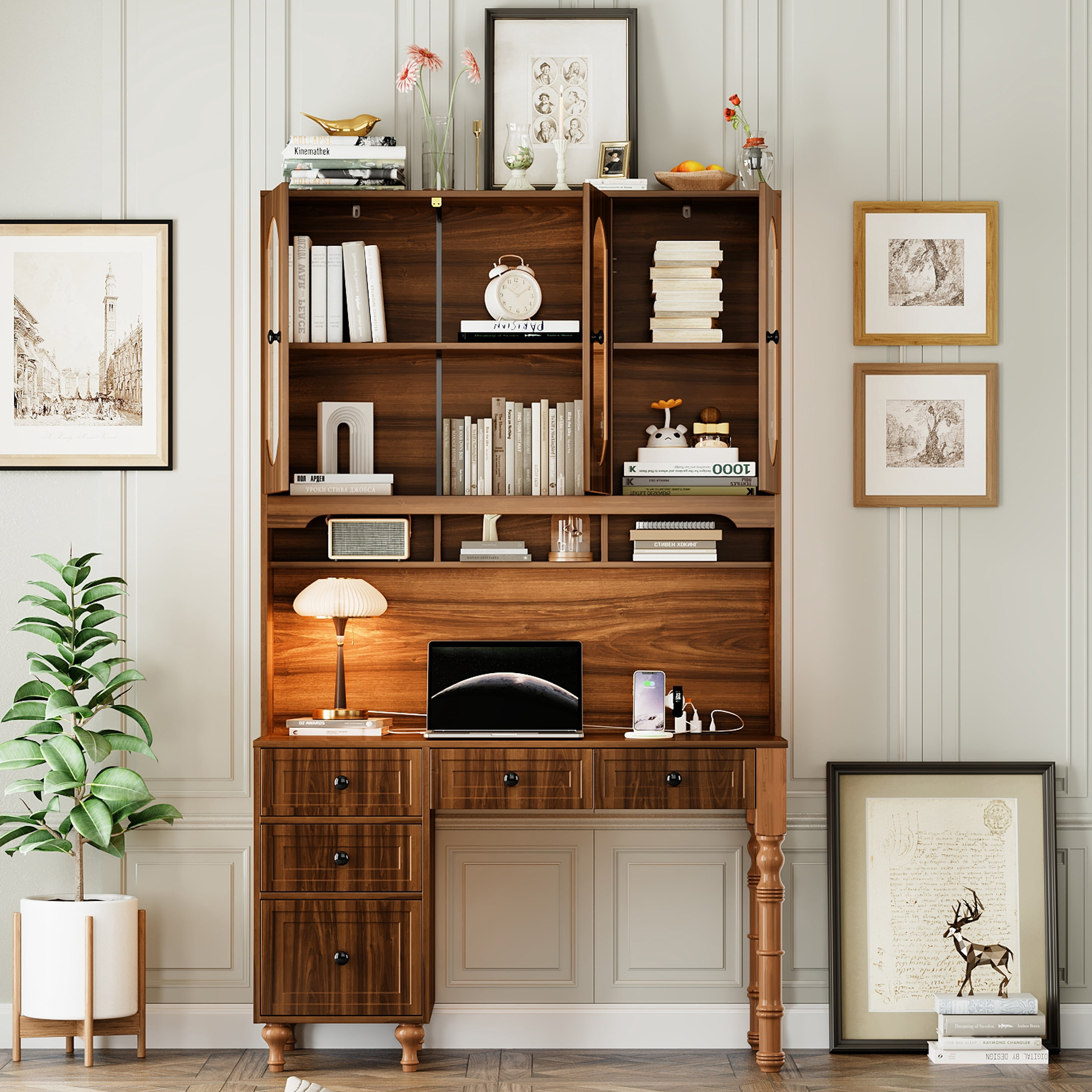 Yoneston 47" Retro Bookcase Desk with Charging Ports and Hutch Cabinet & 5 Drawers, Computer Desk for Home Office Bedroom, Walnut