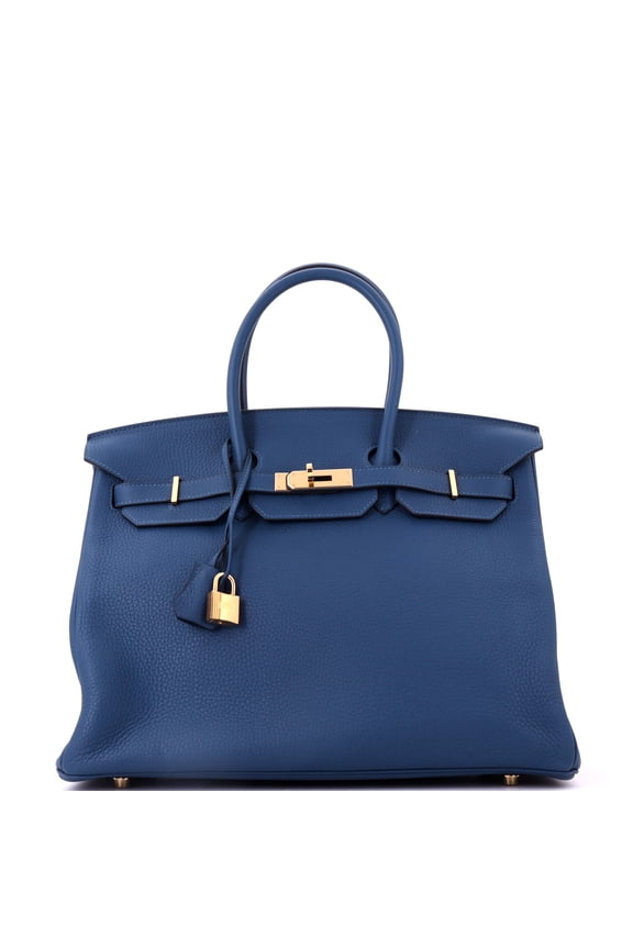 Pre-Owned Birkin Handbag Deep Blue Clemence with Gold Hardware 35 By Rebag