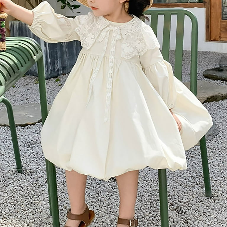 Baby Dresses Spring Sweet Lace Long Sleeve Soft Cotton Casual Round Neck  Loose A Line Toddler Dress Beige 4 Years-5 Years - Walmart.com