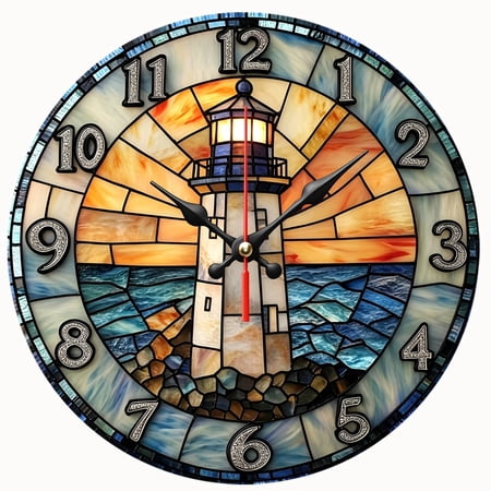 2D Flat Wooden Wall Clock,Country Lighthouse Wooden Round Wall Clock,Silent Non-Ticking Quartz Movement,for Kitchen, Bedroom, Office, Christmas Gift - AA Battery Not Included
