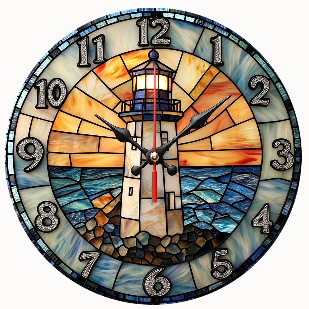 2D Flat Wooden Wall Clock, Country Lighthouse Design, Silent Non-Ticking Quartz Movement for Kitchen, Bedroom & Office, AA Battery Not Included