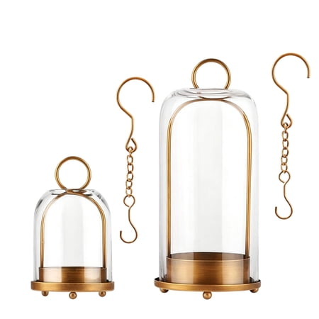Glass Cloche Candle Holders Set of 2 with Metal Frame and Hanging Hooks Vintage Decorative Tabletop Display Wedding Christmas Home Decor