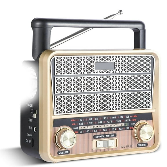 LC-dolida Portable Emergency Radio AM/FM/SW with Bluetooth LED Flashlight Dual Power Supply TF Card/USB Playback, Strong Reception Loud Sound for Home Seniors Outdoor Use