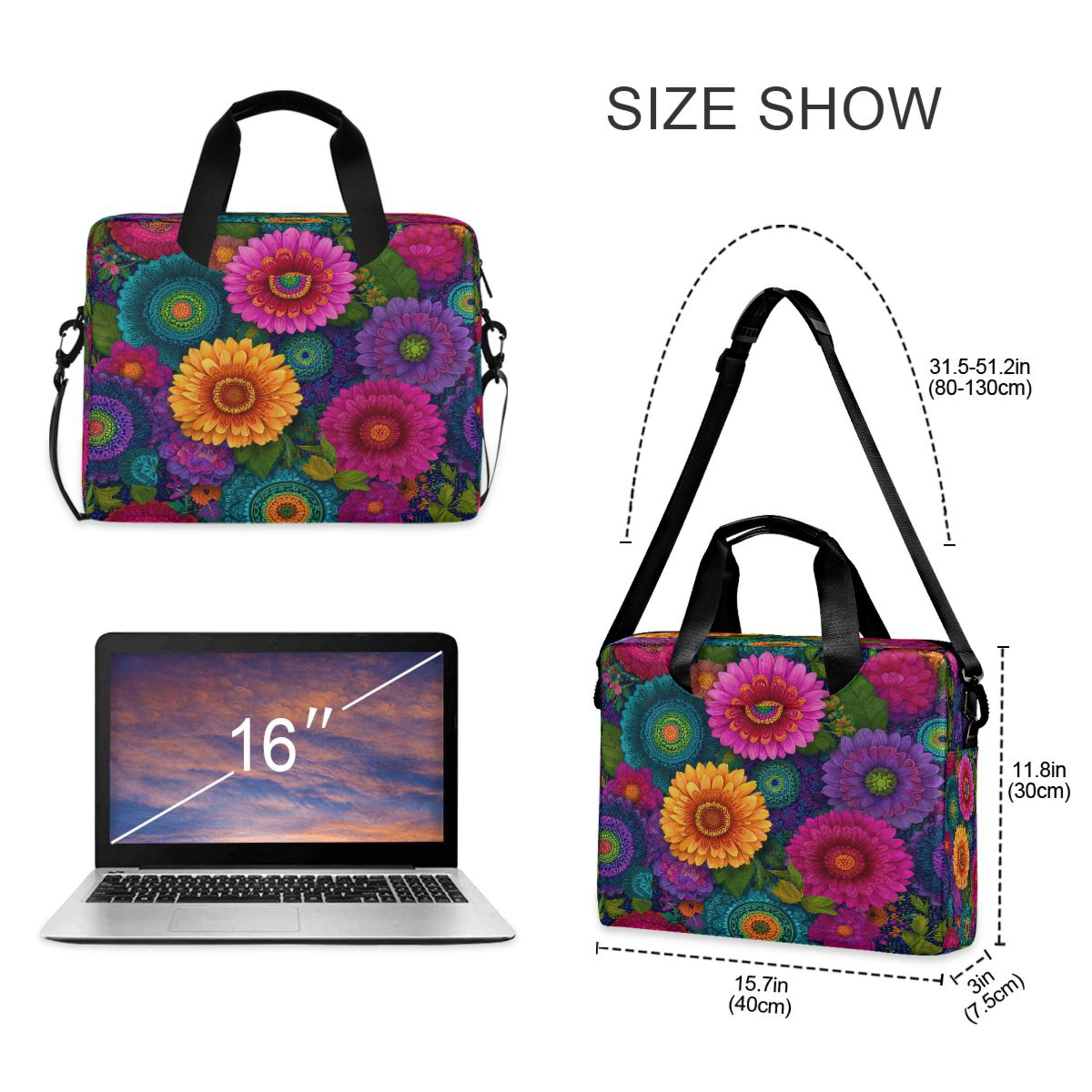 16" Laptop Tote Bag Laptop Sleeve Case Computer Briefcase for Work & Travel Colorful Blooming Flowers