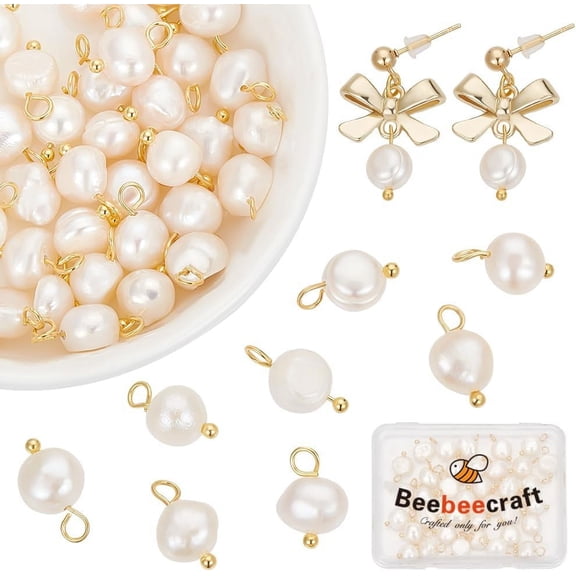 1 Box 40Pcs Pearl Oval Charms Freshwater Natural Cultured White Pendants with Golden Brass Ball Head Pins for DIY Bracelet Necklace Jewellery Making DIY