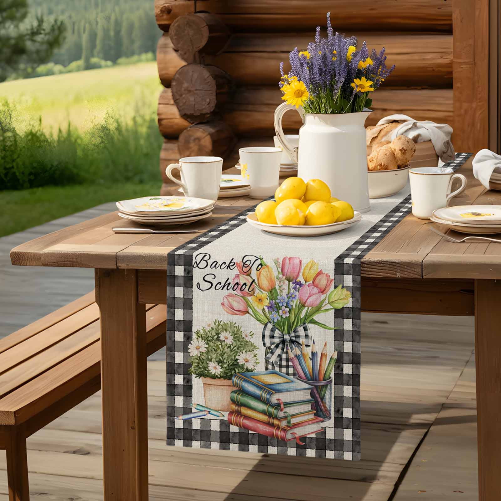 Retro Books Pencils Potted Plants Table Runner 90 Inches Long, Black Plaid on Linen Table Runners Tabletop Scarf Kitchen Dining Tables Decoration for Home Party Indoor Outdoor