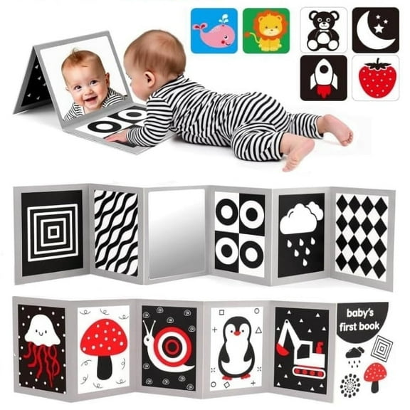 High Contrast Baby Toys Black and White Book Infants Toy Tummy Time Mirror for Babies 0-6 6-12 Months