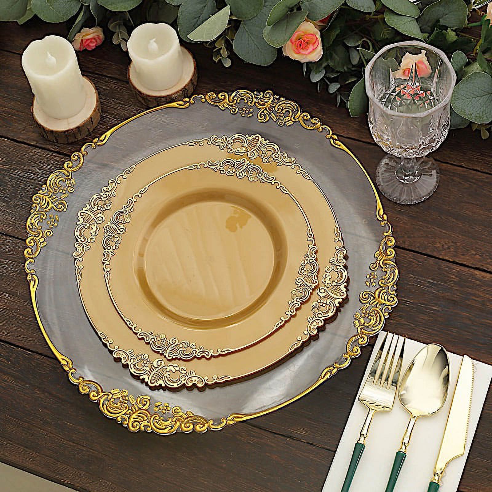 Balsacircle 10 Gold Round 8 Disposable Plastic Salad Dinner Plates Gold Embossed Baroque Trim