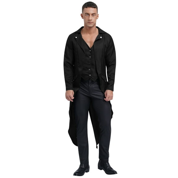 TiaoBug Mens Halloween Medieval Tailcoat Jacket Long Sleeve Steampunk Frock Coat Black XXL