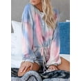 thumbnail image 3 of Conjunto de pijama de 2 piezas con estampado tie dye y volantes cortos para mujer, conjunto de top y pantalones cortos de manga larga, 3 of 5