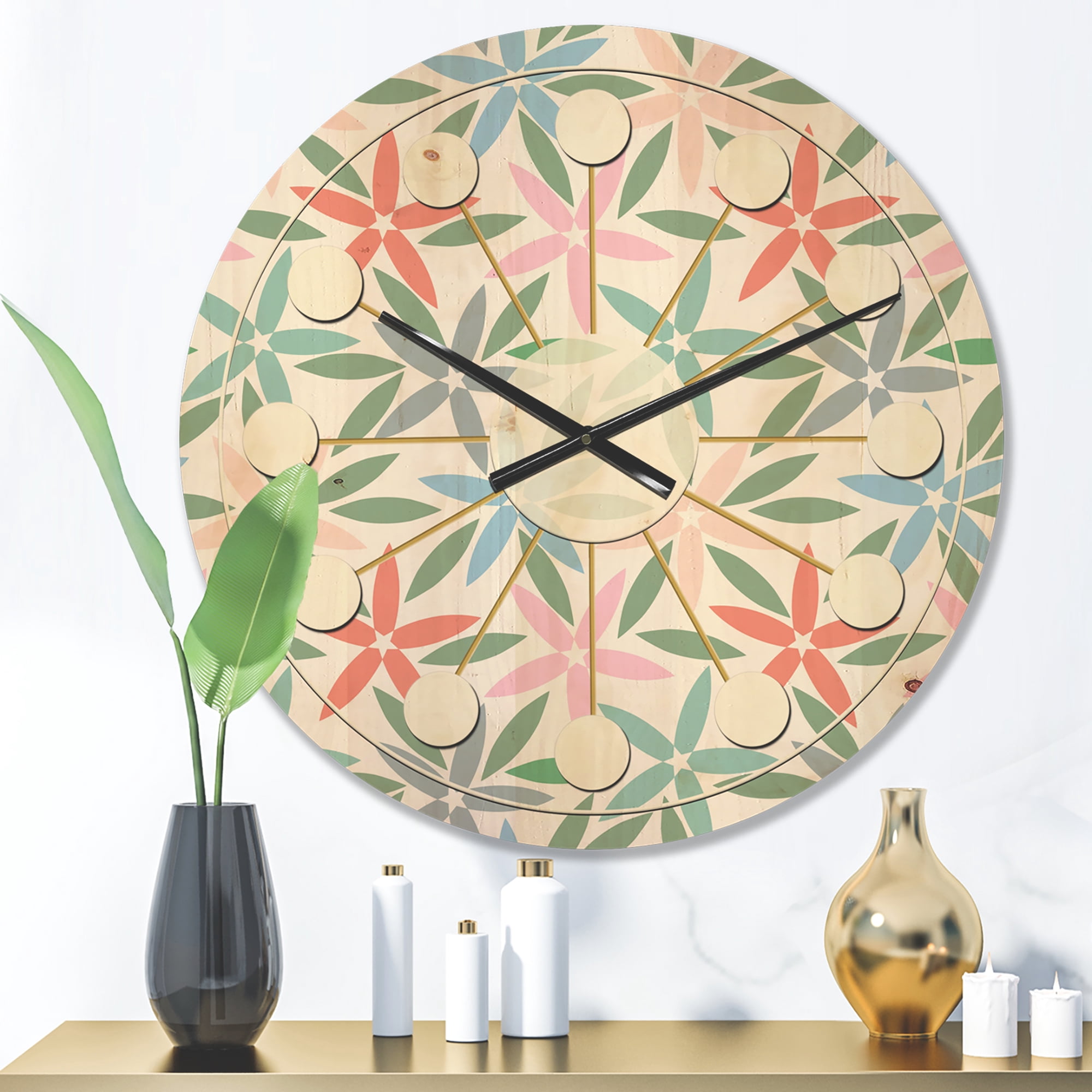 Designart 'Abstract Retro Flower Design III' Mid-Century Modern Wood Wall Clock