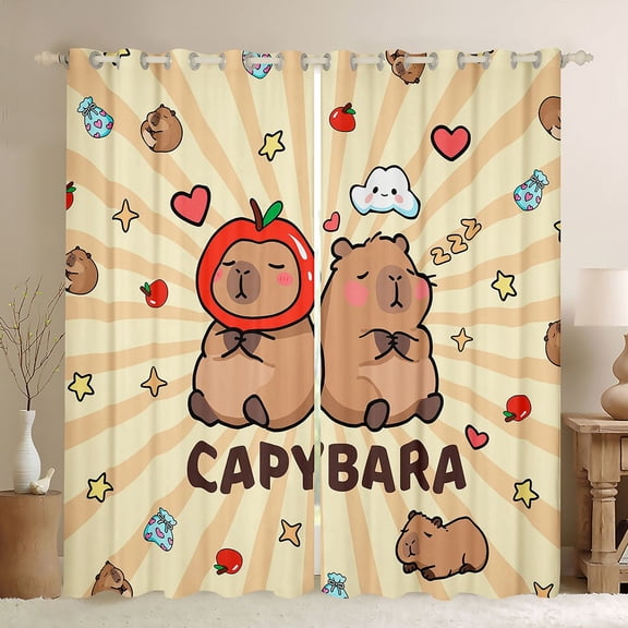 Homewish Brown Kawaii Capybara Black Out Curtains,Cartoon Animal Curtains Pack of 2 (42x63 Each),Rainbow Stars Pattern Bedroom Curtains For Girl Boy,Breathable Home Decor