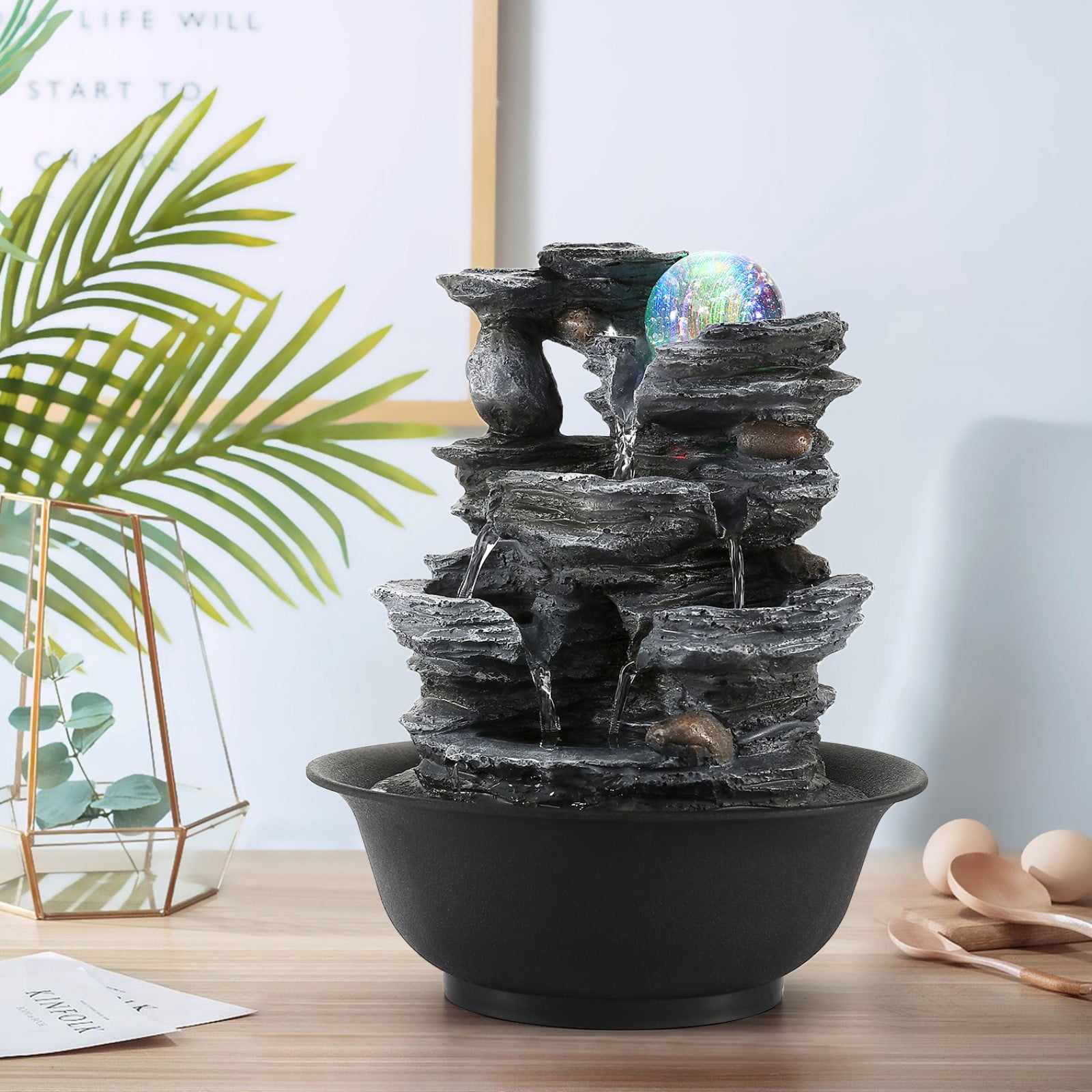 BEAMNOVA 10.2"Tall Tabletop Water Fountain, 3 Tier Rockery Waterfalls Indoor Fountain with Rolling Ball, Colored Light