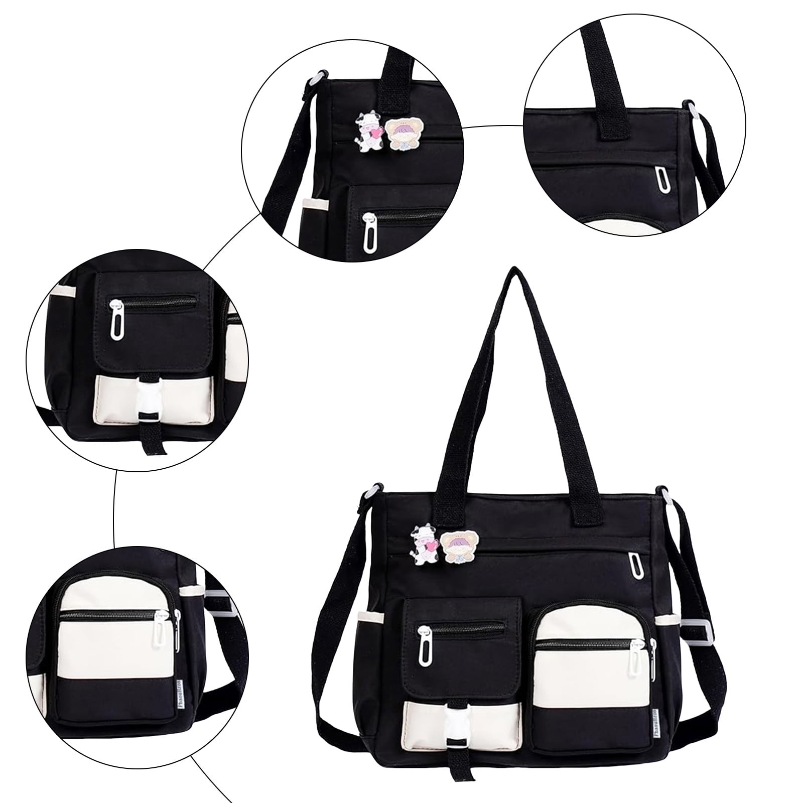 Womens Crossbody Bags for Teens Cute Messenger Purse Nylon Shoulder Tote Bags Multi Pockets Top Handle Satchel Handbags Black