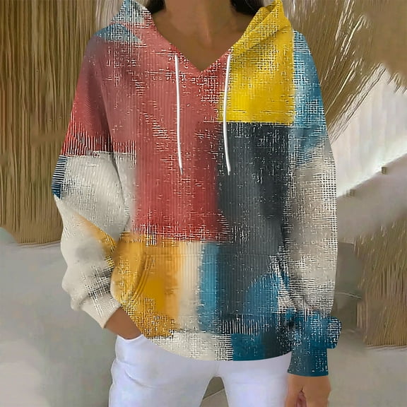 Uootdi Womens Tops Women's Christian Retro Gift Contrast Color Block Faith Print Striped Hoodie Fall Sweatshirts for Women Fait h Cross