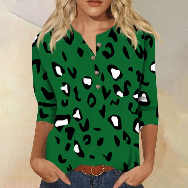 Qiopertar Tunique Basique à Manches 3/4 Imprimée Col Rond Boutonnée T-shirts Blouses Grandes Économies de Vacances! Offres de la Semaine Liquidation