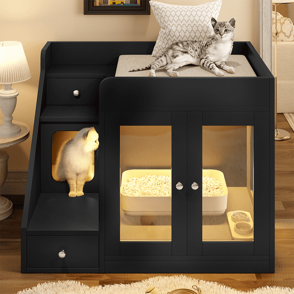 TIMOREN Cat Litter Box Enclosure with Light, Hidden Cat House Furniture with Acrylic Door and 2 Storage Drawers, Cat House Side Table with Stairs for Living Room Bedroom or Entryway, Black