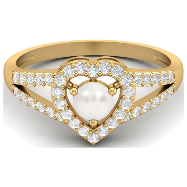 0.83 Cts Round Pearl Heart Shape 925 Sterling Silver Gold Vermeil Solitaire With Accent Split Shank Wedding Rings