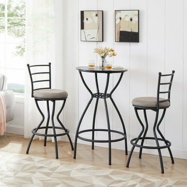 Gzxs 3-Piece Bar Table Set for 2, Small Round Bistro Pub Dining Table & Fabric Upholstered Swivel Stools with Backrest, Counter Height Table and Chairs Set for Kitchen Small Space, Black