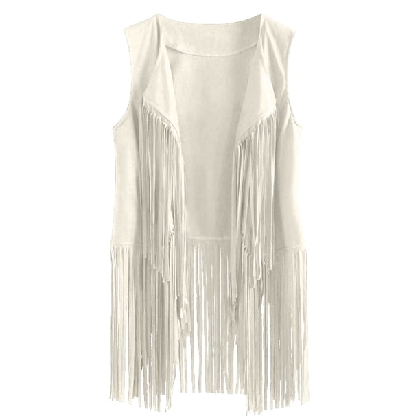 Gilet à Franges Femme Hippie Bohème - Veste Western Sans Manches Pompons Faux Daim Style Années 70 Cowgirl Vintage