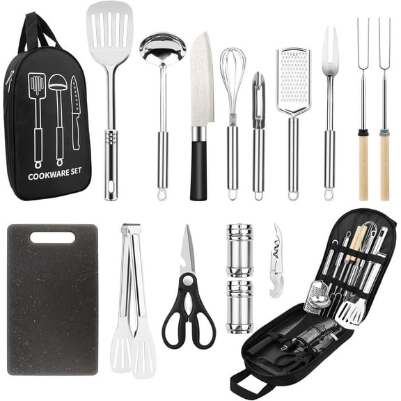 Camping Cooking Utensils Set, Stainless Steel Grill Tools, Camping BBQ Cookware Gear and Equipment for Travel Tenting RV Van Picnic Portable Kitchen Essentials Accessories