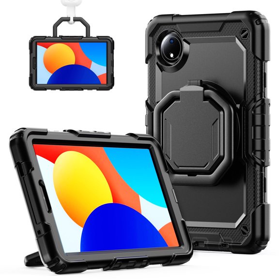 for Xiaomi Redmi Pad SE 8.7 inch 2024, 360 Rotating Shockproof Cover with Stand, Handle, Shoulder Strap, Black