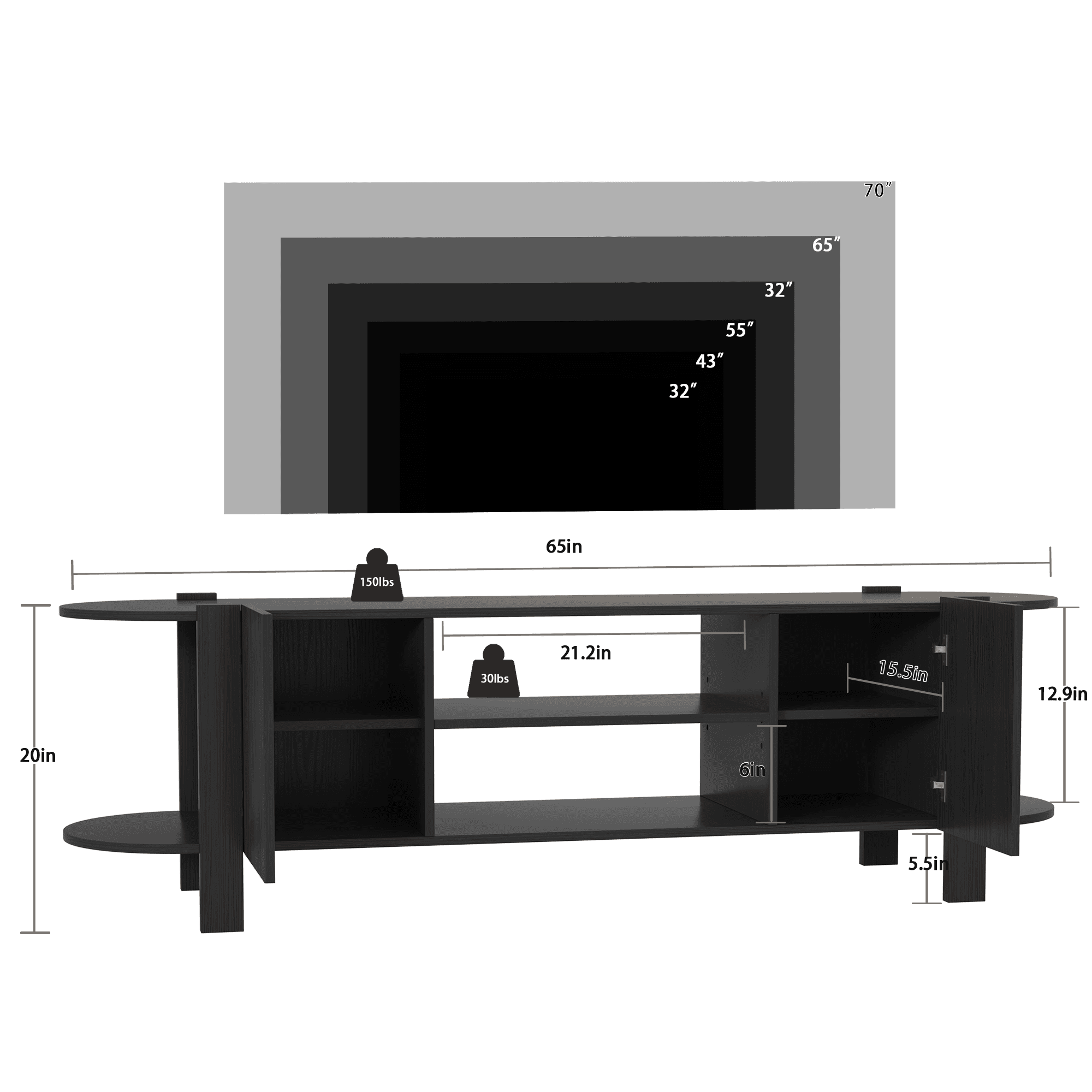 ZOSQUARE 65 inch TV Stand for TVs up to 75", Black Entertainment Center with Fluted Doors and Open Shelves, Wood TV Console with Rounded Edges for Living Room