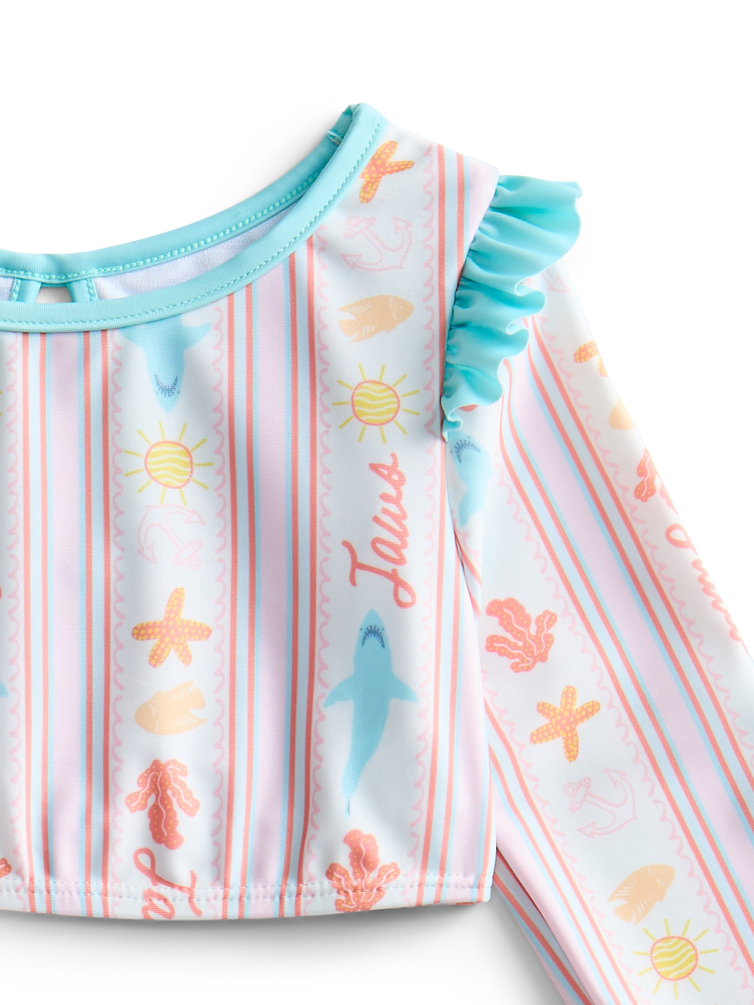 Jaws Toddler Girls Long Sleeve Ruffle Rashguard Swimsuit Set with UPF50, 2-Piece, Sizes 12M-5T