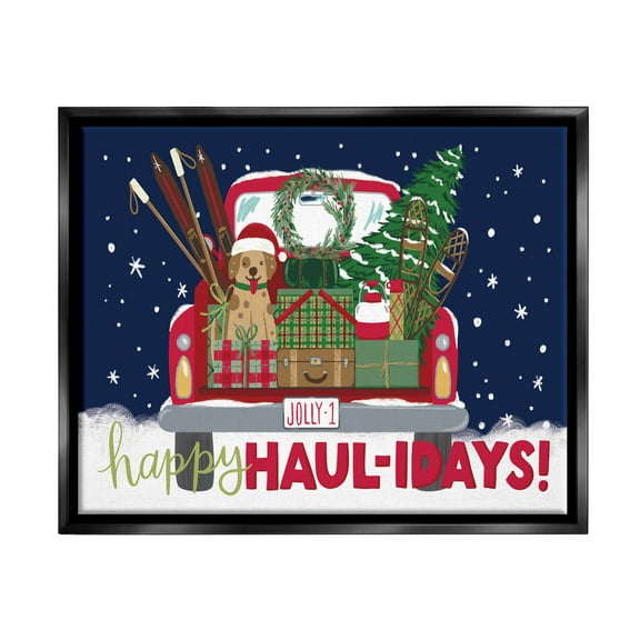 Stupell Industries Happy Haul-idays Christmas Gift Truck Graphic Art Jet Black Floating Framed Canvas Print Wall Art, Design by Amanda McGee