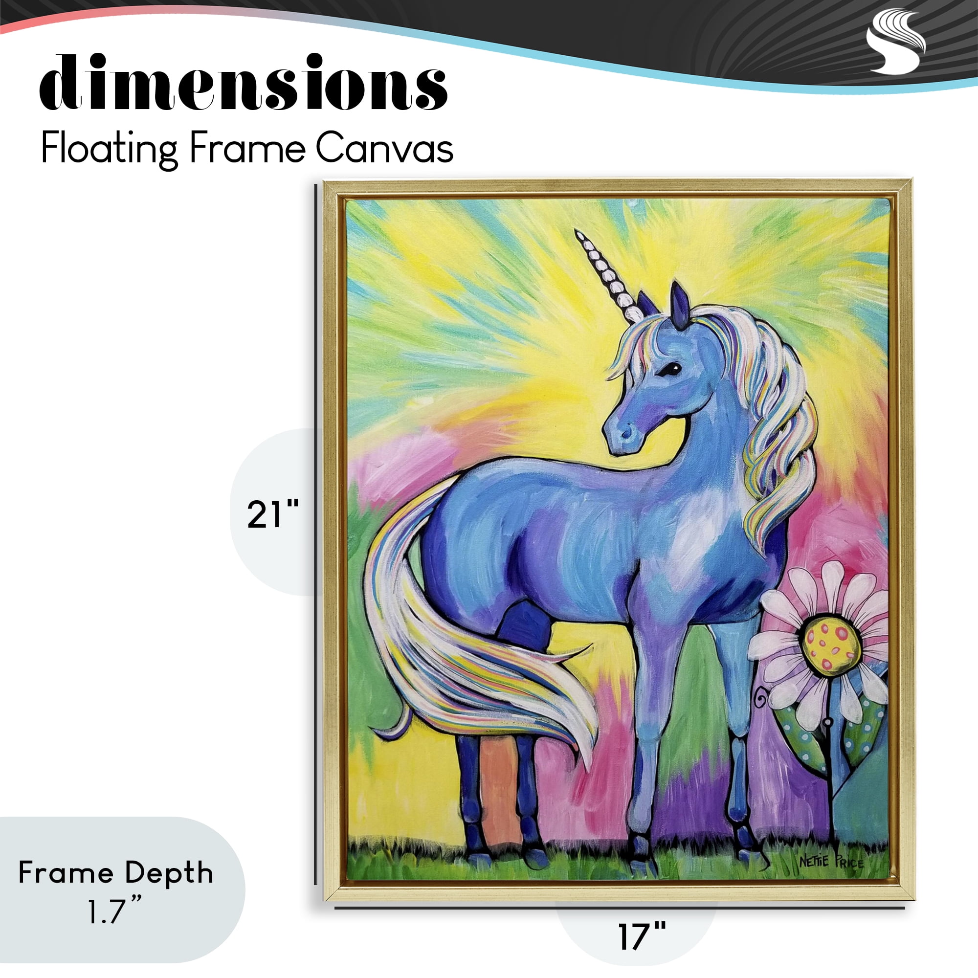 Stupell Industries Magical Unicorn in Rainbow Meadow Gold Framed Floater Canvas Wall Art, design by Nettie Price