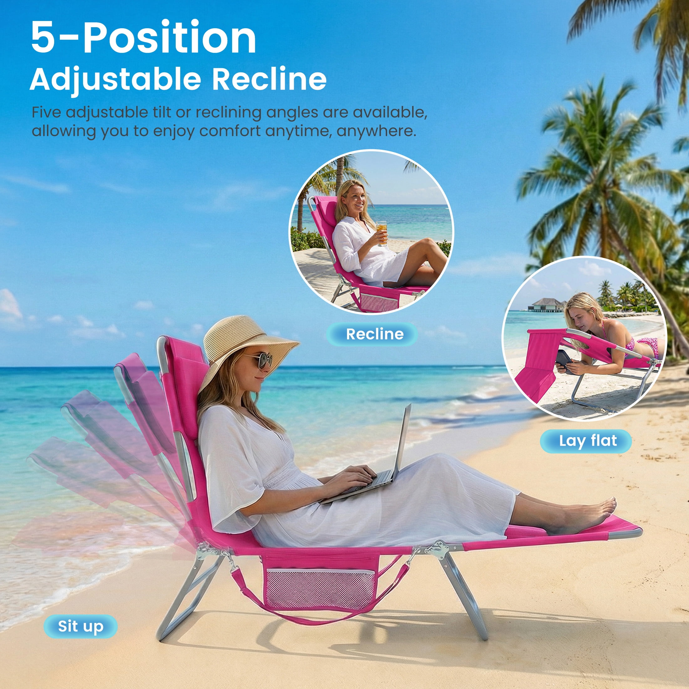 EDX Folding Adjustable Chaise Lounge Chair, Portable Beach Lounge Chair with Backpack Straps & Side Pocket for Outside, Patio, Poolside, Lawn
