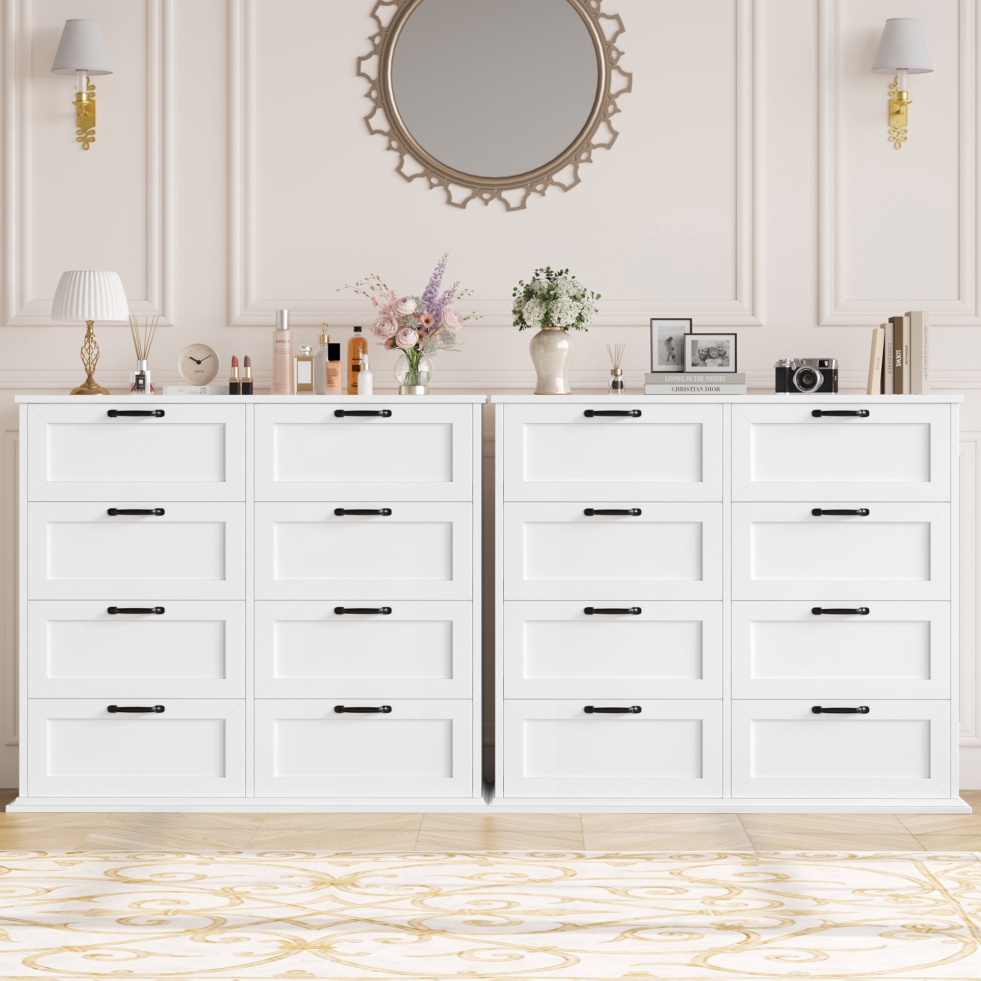 Homfa Horizontal 8 Drawer Dresser, White Wood Storage Cabinet, Double Dresser for Bedroom Living Room