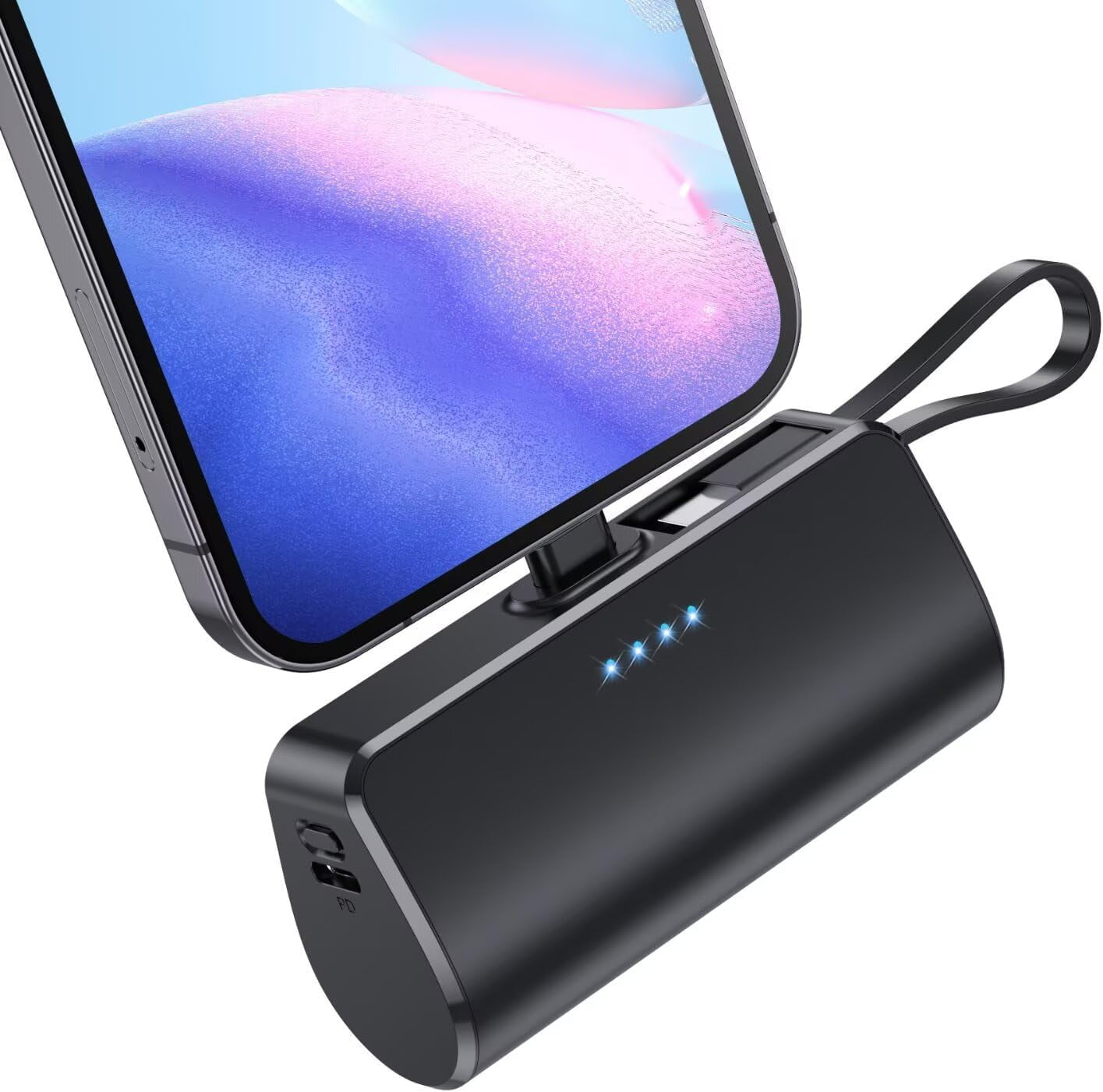 MHAWBL-Mini Portable Charger for iPhone with Built-in Type-C Cable, 5200mAh Ultra-Compact Power Bank, PD 20W Fast Charging Battery Pack Phone Charger for iPhone 16/15/14/13/12, Samsung, Google, Andro