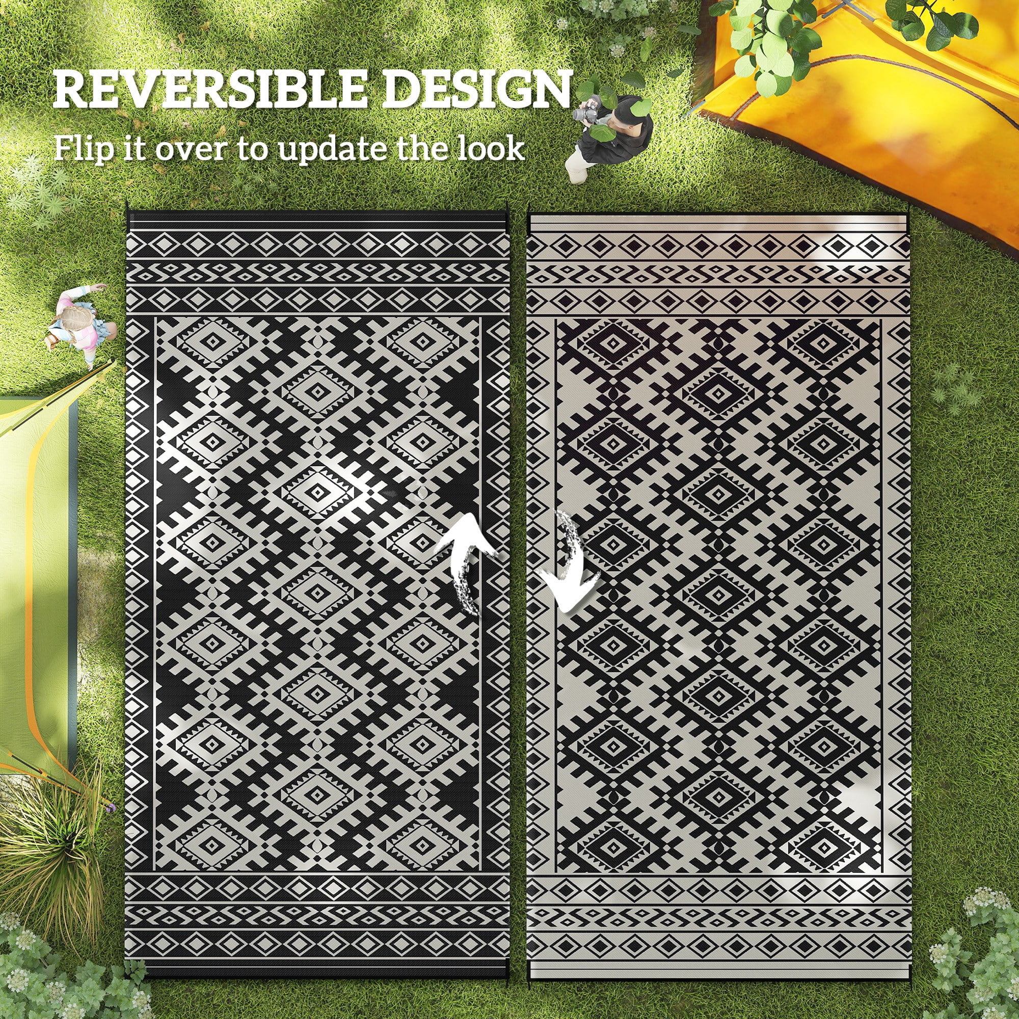 Outsunny Outdoor Patio Rug, Large Camping Carpet with Carrying Bag, 9' x 18' Waterproof Plastic Straw, Reversible, Black & White Rhombus Border