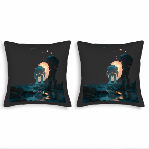 Set of 2 18x18in Throw Pillow Covers - Futuristic Sci - Fi Design with Dark Terrain & Glowing Celestial Body Perfect for Couch Bed Car