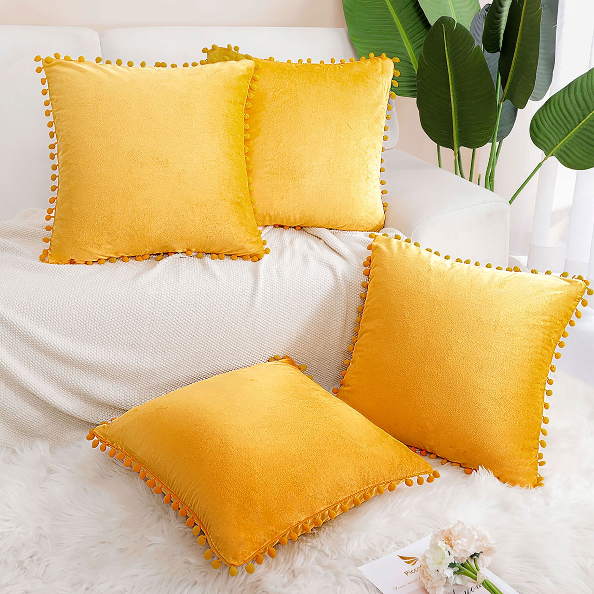 Unique Bargains Velvet Pillow Cover with Poms for Sofa 4PCS Gold 20" x 20"