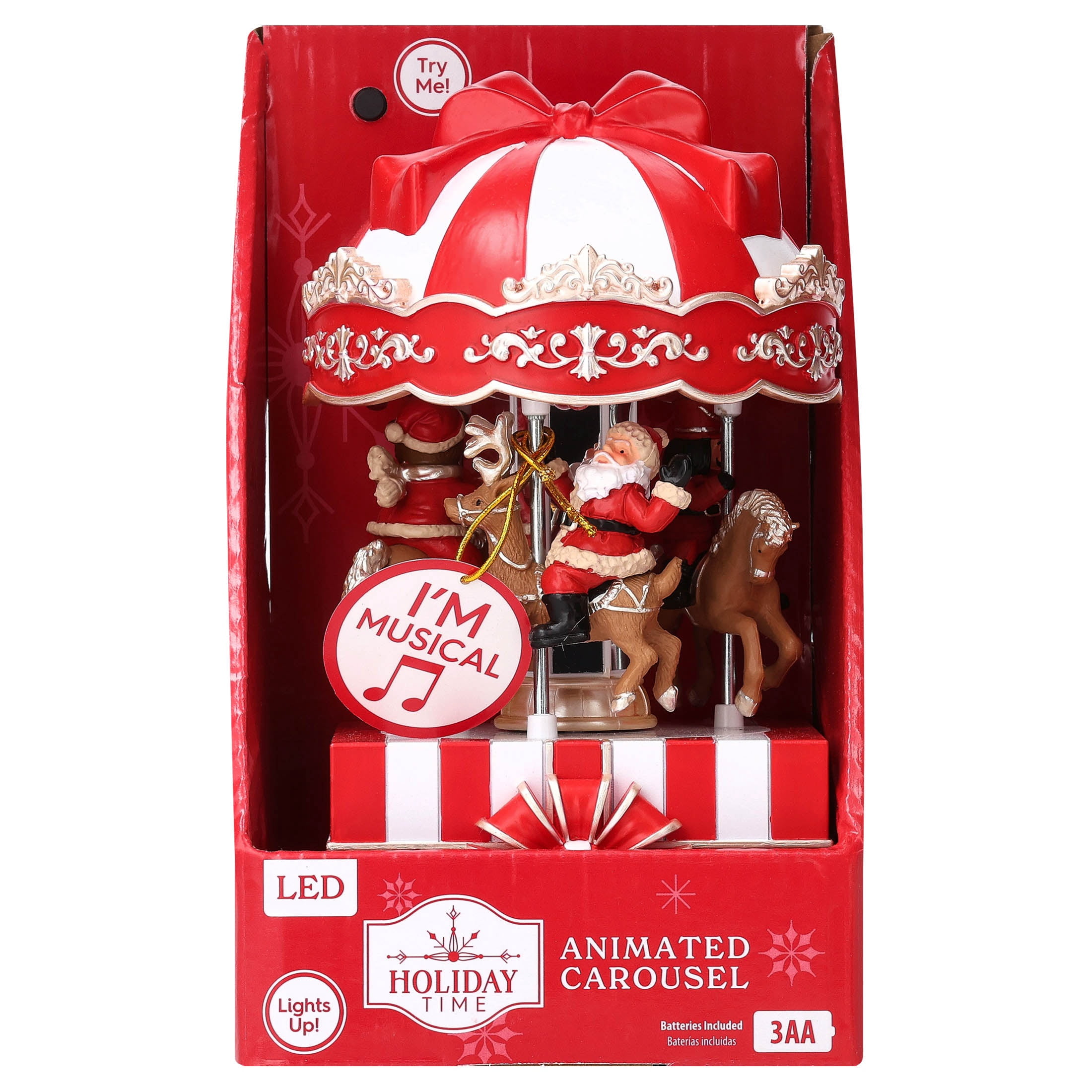 Light-Up and Musical Animated Carousel with Gift Box Base Christmas Village Decoration, Red and White, 7.5", by Holiday Time