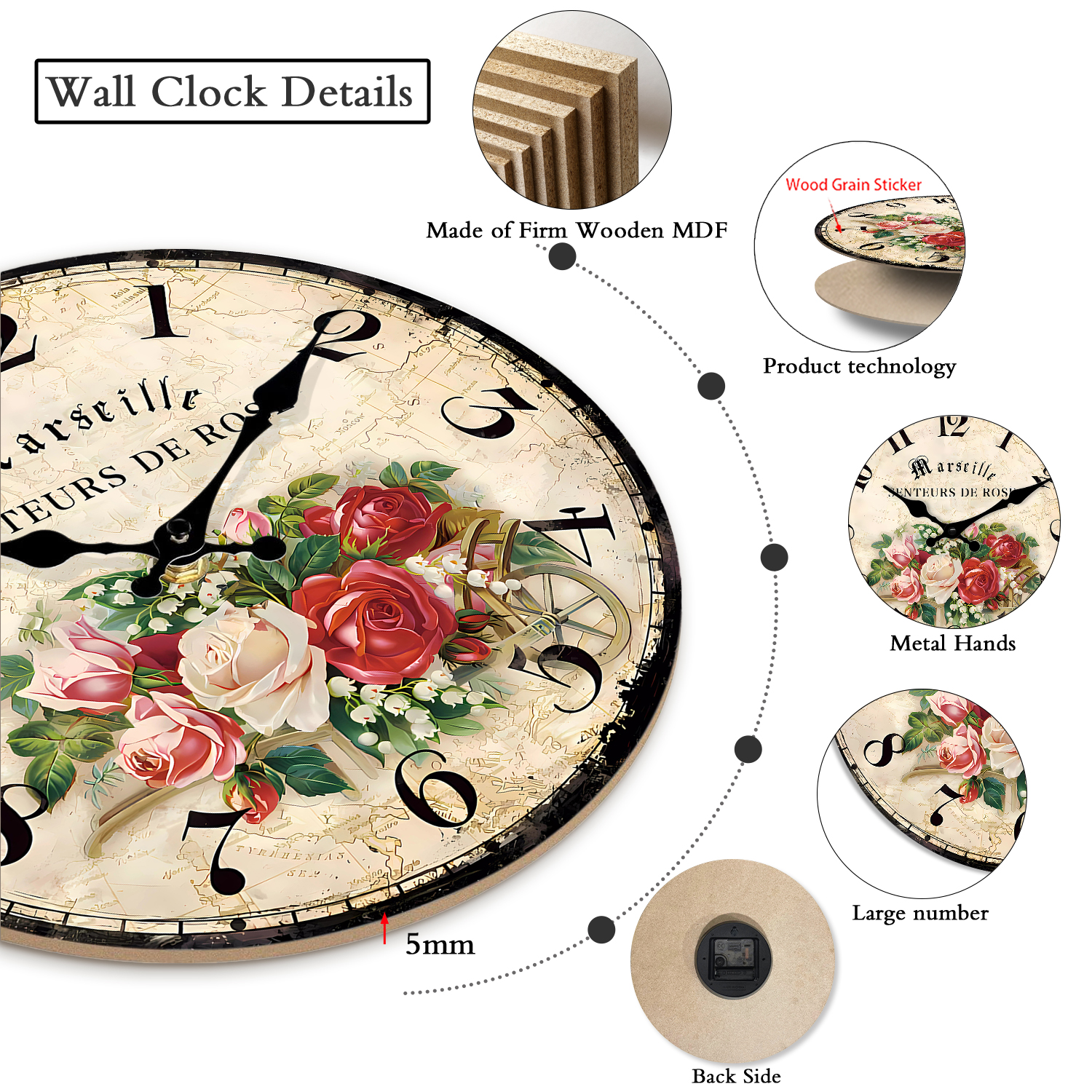 Constantplanet 12-Inch Vintage Rose Floral Wall Clock photo 5