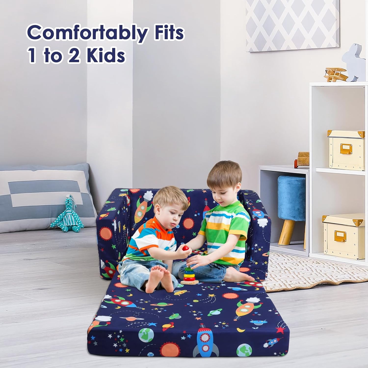 Kids Couch Convertible Sofa to Lounger for Toddler Boy, Foldable 2-in-1 Kids Sofa Bed, Toddler Chairs  for Bedroom Playroom, Blue Rocket