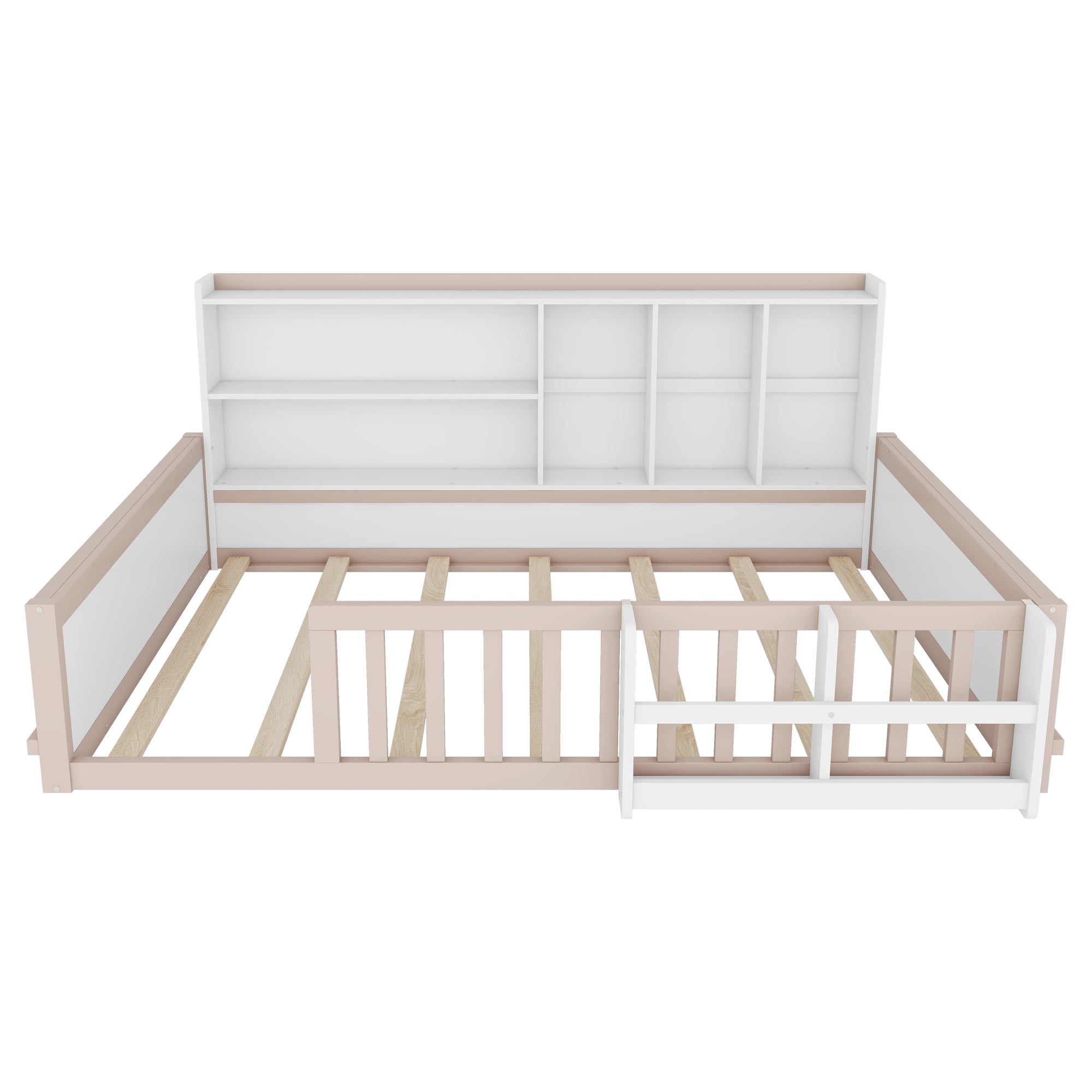 Mintazer Full Size Montessori Floor Bed with Bookshelf & Guardrails, Kids Platform Bed Frame with Storage Cubbies for Bedroom, White & Natural