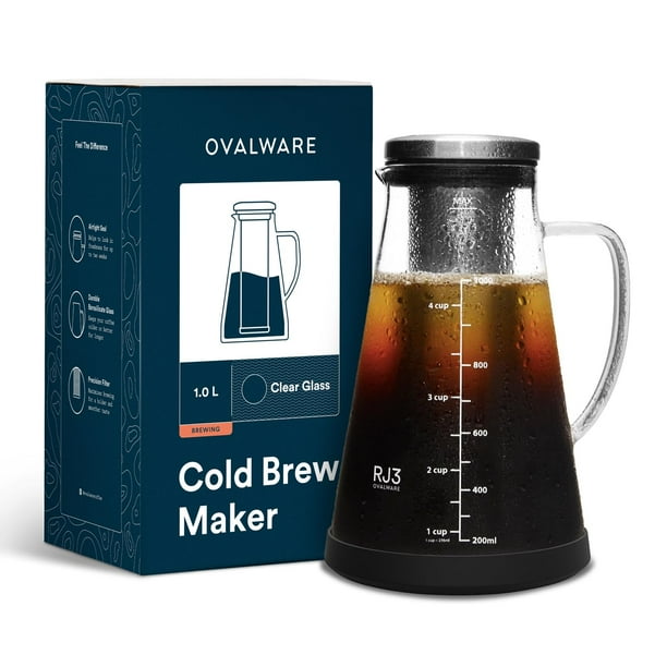 Ovalware Jarra hermética para cafetera helada e infusor de té con boquilla, jarra de vidrio RJ3 de 1,0 l/34 oz con filtro de acero inoxidable extraíble