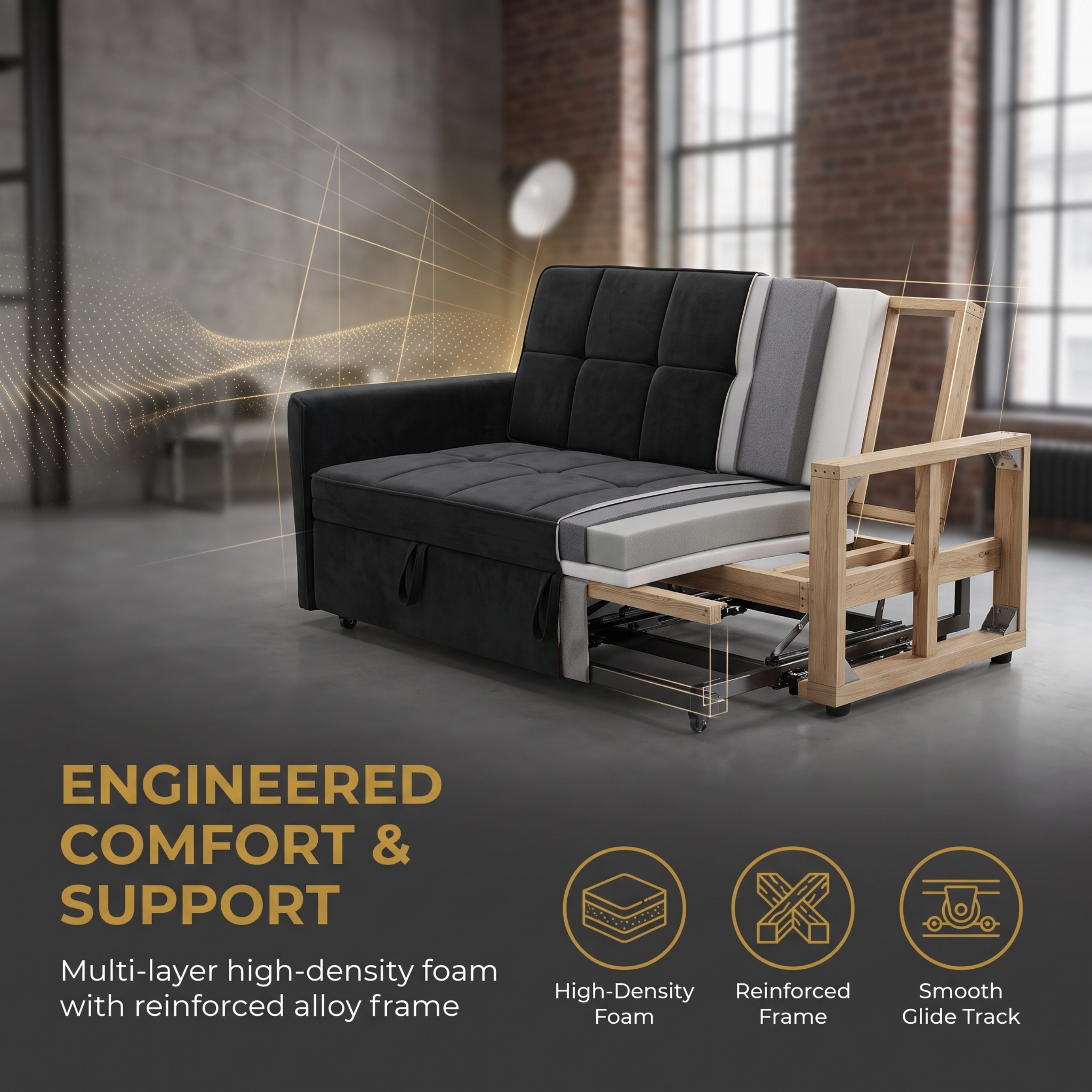 54" Convertible Sleeper Sofa Bed, Modern Velvet 3-in-1 Pull Out Loveseat Couch with 5-Position Backrest & Side Storage Pocket for Living Room, Black