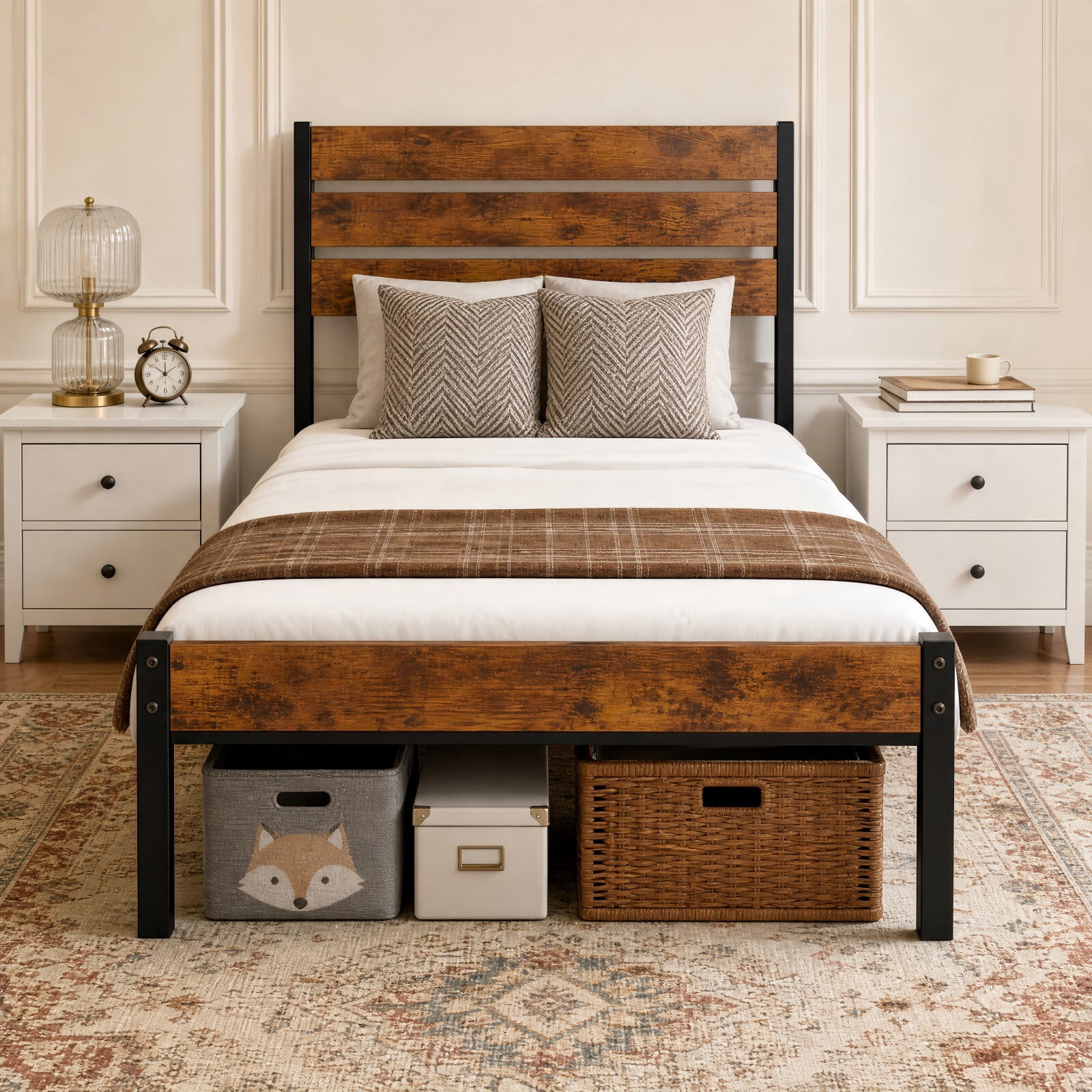 Kelno Industrial Twin Size Bed Frame 500LBS Heavy Duty with Wooden Headboard 14 Inch Metal Platform Bed No Box Spring Needed, Rustic Brown