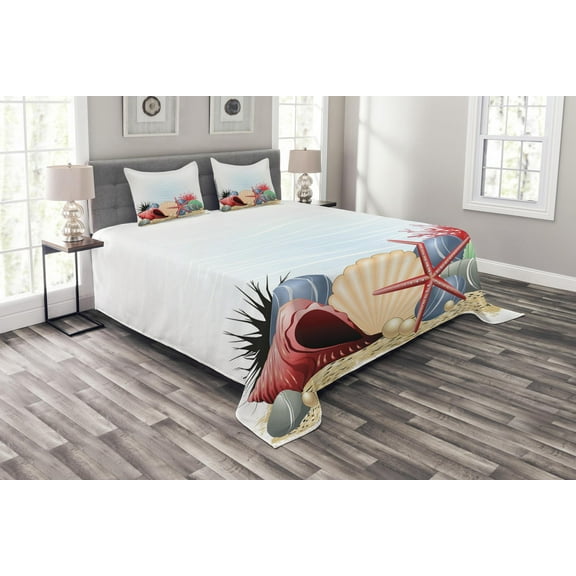 Ambesonne Ocean Quilted Bedspread Set 3 Pcs, Summertime Seaside Pearl, Queen Size, Red Beige Grey