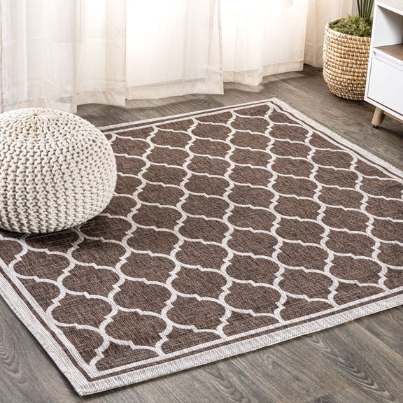 JONATHAN Y SANTA MONICA 6' Square Area Rug, Trebol Moroccan Trellis Textured Weave - Espresso/Taupe, SMB109B-6SQ